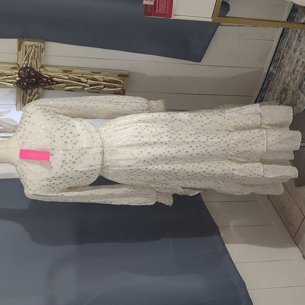 Lilly Pulitzer Christiana Midi Cream Long Sleeve Bishop V-Neck Dress Size 2 - Picture 4 of 12